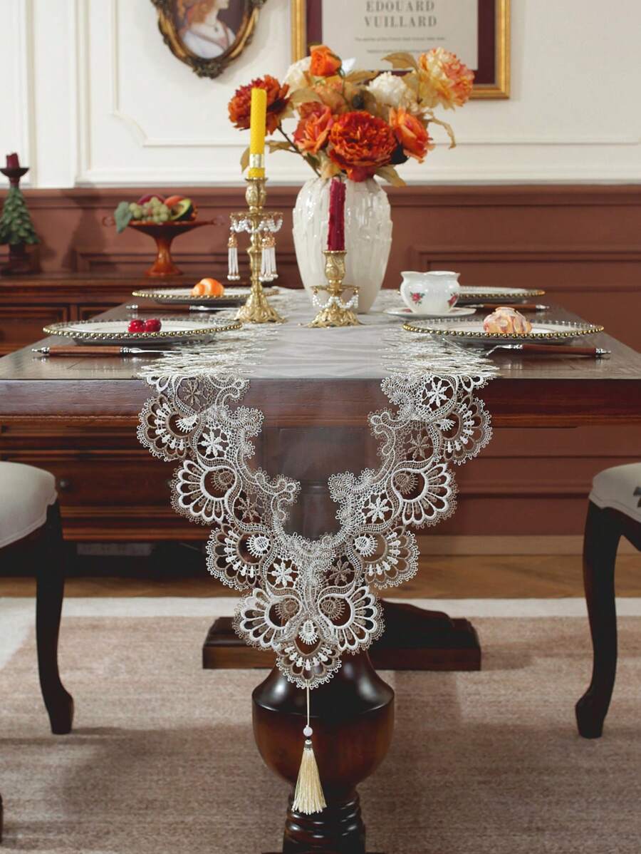1pc Elegant Romantic Lace Table Runner, Vintage Country Style, Home Decor Table Runner, Suitable For Dining Table, Coffee Table, Nightstand, Piano, Wedding, Party, Holiday Dinner, Banquet, Restaurant, Wedding Dining Table Decor - Coffee Brown - View 1