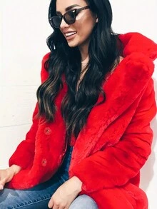 1 pieza Chaqueta de forro sintético de longitud media para mujer con bolsillos y botones a presión ocultos