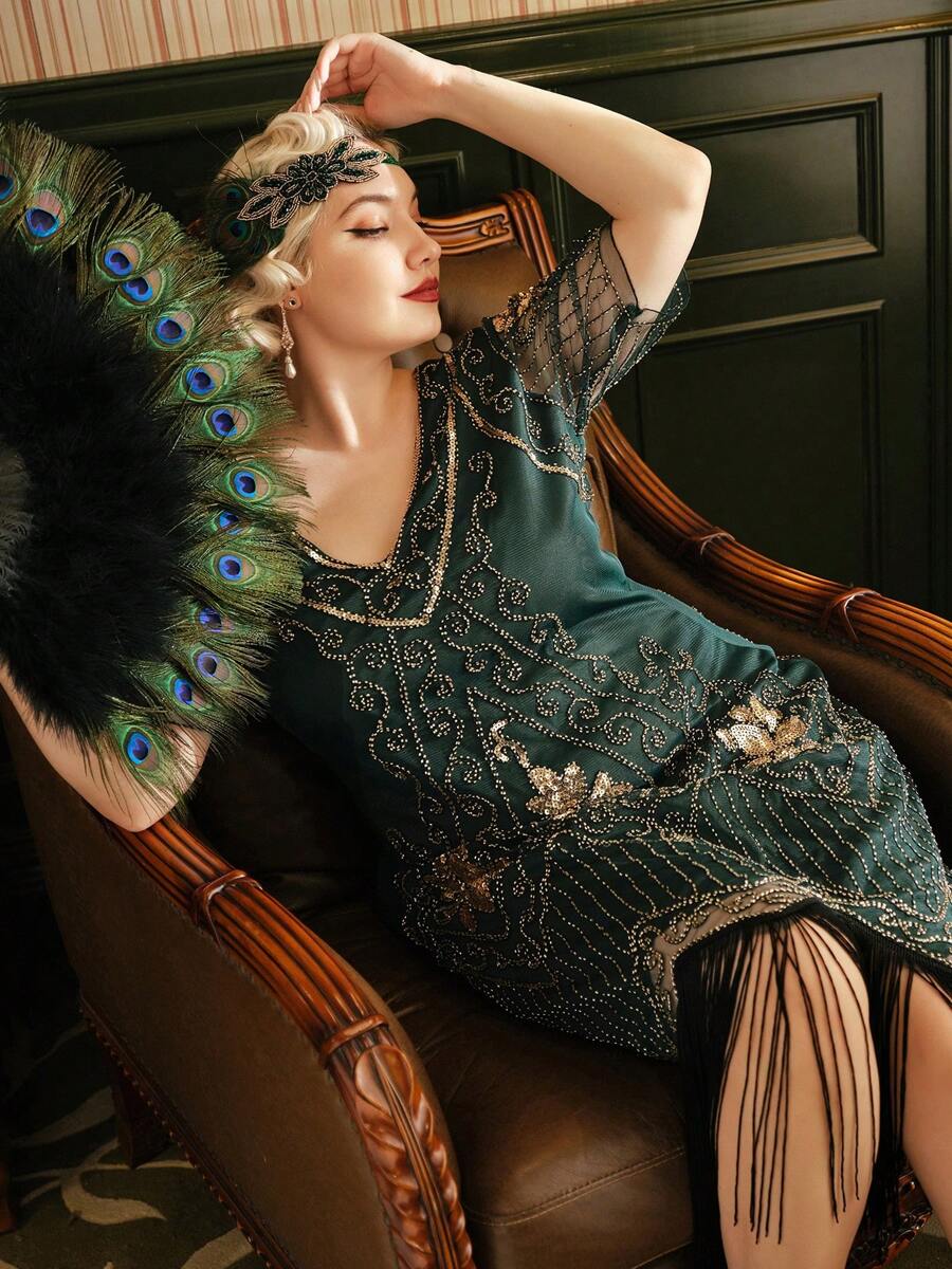 BABEYOND Plus Size 1920s Art Deco Fringed Sequin Dress Flapper Gatsby Costume Dress For Women