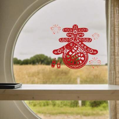 Decorazioni adesive da finestra per il Capodanno Cinese 2025 Anno del Serpente, adesivi murali rossi festivi