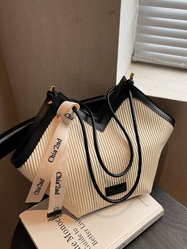 New Fashion All-Match New Contrast Color Design Indentation Design Large Capacity Double Handle Shoulder Tote Bag Suitable For Travel Shopping Commuting To Work With Scarf Decoration Design, Ladies Elegant Wallet, Business Commuter Wallet