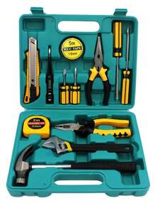Kit de herramientas manuales para reparación eléctrica 12 en 1 para el hogar con destornillador, martillo, cinta métrica, llaves, cortador y alicates Todos los accesorios Caja de herramientas de hardware Kit de almacenamiento de herramientas mecánicas de garaje Usos de emergencia - Verde - Ver 9