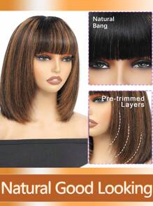 باروكة شعر بشري قصيرة مستقيمة ذات لمسة تبريز ، باروكة مصنوعة بالكامل بآلة والأشعة المسامية مفترش الجبين للنساء بكثافة 150 ، باروكة استعمال لحظي لارتدائه