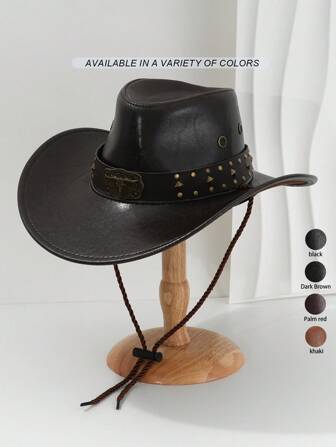 1st unisex cowboyhatt i PU-läder med unik glänsande 3D-styrhuvuddesign, dekorerad med läder och metall brett bälte, solhatt med bred brätte, justerbar rem, punk vintagestil, Street Fashion-looks, present till män, kostymfest, event med västerländskt tema, examen , maskeradbal, festivaler, födelsedagar, konserter, resor