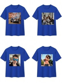Customized Photo Printed Personalized T-Shirt, Can Be Customized With Your Loved Ones/Friends/Pets Photos, Great For Valentine's Day, Birthday, Anniversary, Casual Comfortable Short Sleeve Crew Neck T-Shirt - Royal Blue - View 2