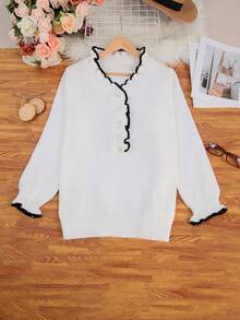 Plus Size Mulheres Babados Bainha Contraste Cor V-Neck Casual Pullover Sweater