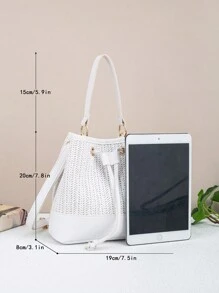 Large Capacity Drawstring Water Bucket Bag, Versatile Daily Tote Bag, New Summer Beach Bag, Straw Handbag & Shoulder Bag For Women, Eye-Catching Beach Bag Summer, Summer Straw Beach Bag For Women, Hottest Beach Bags For Women, Fashion Summer Vacation Bag, Beach Essentials Women Bags For Vacation & Holiday, Newest Holiday Bag ,Vacation Essentials - White - View 4