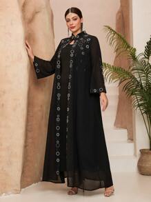 Bata larga de chifón lujosa con cuello alto y cristales (sin ropa interior), caftán modesto de talla grande - Negro - Ver 5