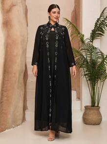 Bata larga de chifón lujosa con cuello alto y cristales (sin ropa interior), caftán modesto de talla grande - Negro - Ver 3