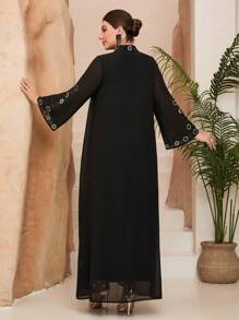 Bata larga de chifón lujosa con cuello alto y cristales (sin ropa interior), caftán modesto de talla grande - Negro - Ver 4