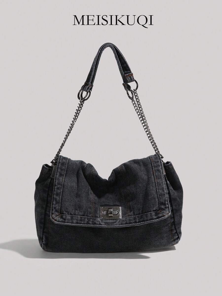 Bolso de hombro de moda callejera para mujer, bolso versátil de tela cruzado con cadena, bolso con gran capacidad de unicolor lavado, bolso de mano casual sencillo