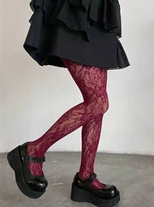1 pièce Collants résille floral sans couture bordeaux, collants transparents à motif ajouré, style doux et hot pour filles