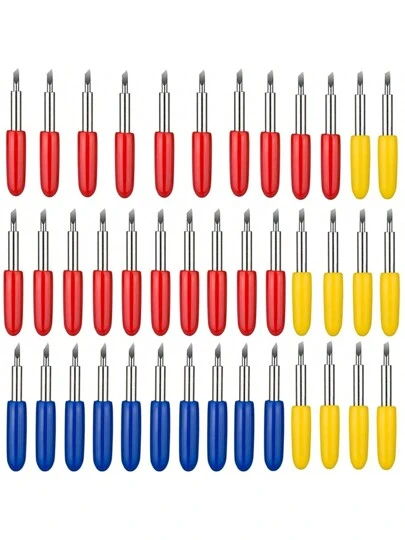 شفرات بديلة 60pcs متوافقة مع استكشاف الهواء 2/الهواء 3/صانع/صانع 3 آلات قطع ، صانع تعبير آلات القاطع فينيل الإبرة للفينيل 30 درجة 45 درجة 60 درجة شفرات الراسمة ، ديكور الجدول ، الإعداد المنزلي | مقاس: 60 قطعة (10 أصفر + 40 أحمر + 10 أزرق)