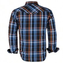 Men's Western Cowboy Pearl Snap Plaid Button Up Casual Long Sleeve Two Pockets Work Shirts - 5 Orgnge Blue - 查看 2
