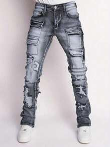 1pc Dark Grey Ripped Men's Denim Jeans - Dark Grey - View 1