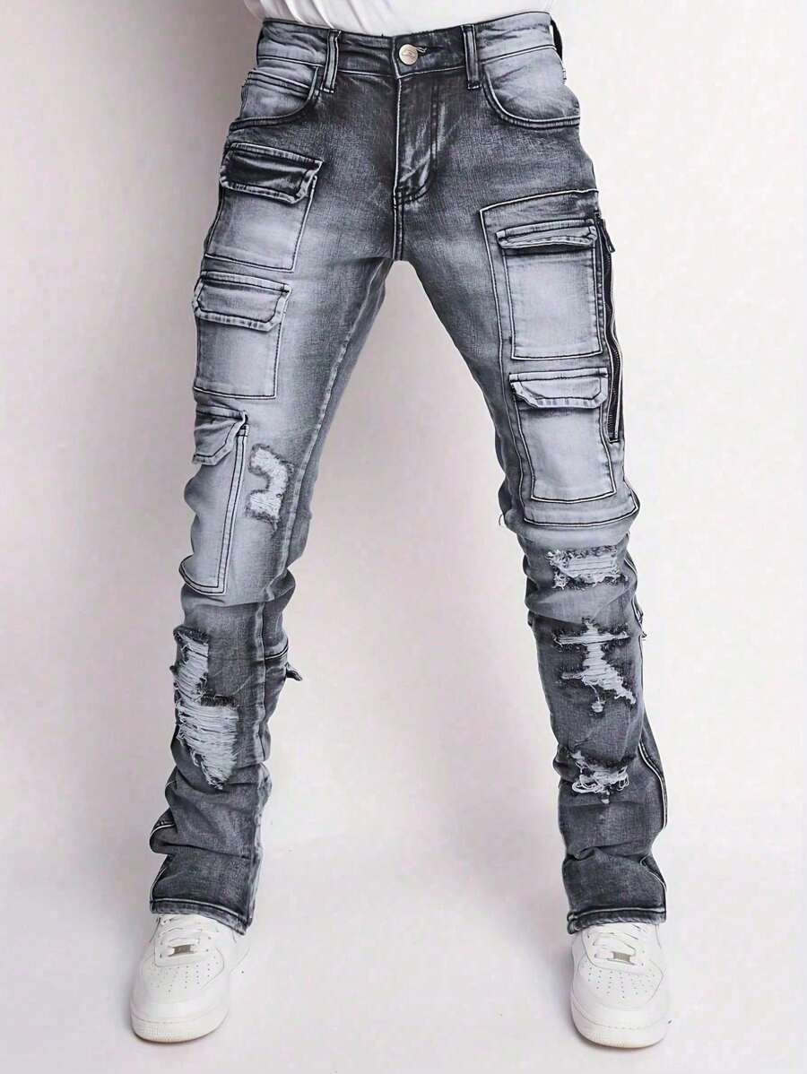 1pc Dark Grey Ripped Men's Denim Jeans - Dark Grey - View 1
