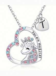 suteyi 女童獨角獸禮物，銀鍍字母A-Z女童心形獨角獸項鏈珠寶首飾首字母獨角獸項鏈生日禮物女童青少年獨角獸禮物 - 銀色 - 查看 29