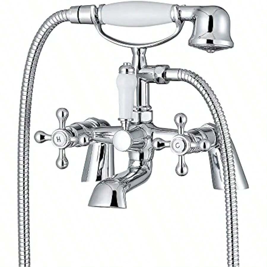 Chrome Bath Shower Mixer Taps And Attachment Solid Brass Cross Handle Traditional Design Compression Valves Easy To Install - BathShowerMixerTap - View 1