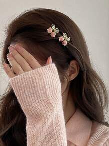 2pcs/Set Sweet Cute Lily Flower Metal Painting Front Hair Clips, Mini Floral Hair Claw Clips Valentine's Day Valentines - Pink - View 3