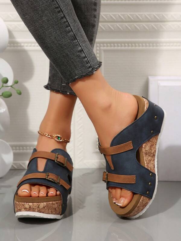 2025 Summer New European & American Fashion Double Buckle Rivet Decor Plus Size Casual Wedge Thick Bottom Slide Sandals