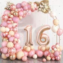 104 件女士 16 岁生日装饰，玫瑰金 16 岁生日气球拱门花环套装，含 16 个数字铝箔气球，生日周年派对装饰 - 彩色 - 查看 1