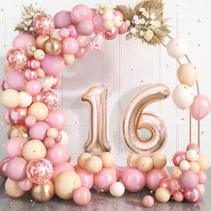 104 件女士 16 岁生日装饰，玫瑰金 16 岁生日气球拱门花环套装，含 16 个数字铝箔气球，生日周年派对装饰 - 彩色 - 查看 1