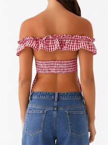 Women's Summer Slim Tops Short Sleeve Off Shoulder Open Back Plaid T-Shirt - Red - View 8