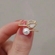 1 件不锈钢 18k 镀郁金香珍珠点缀弹簧可调节戒指，法式时尚风格适合派对、约会、办公室佩戴 - 金黃色 - 查看 4