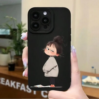 可爱愤怒女孩简约印花经典哑光黑色手机壳，全身保护手机套，兼容 Apple 及系列防水防震防摔防刮