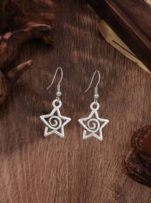 1 Pair Unique Cute Gothic Handmade Jewelry Silver Swirly Star Drop Dangle Earrings For Women/Girls, Suitable For Everyday Wear - Silver - View 1