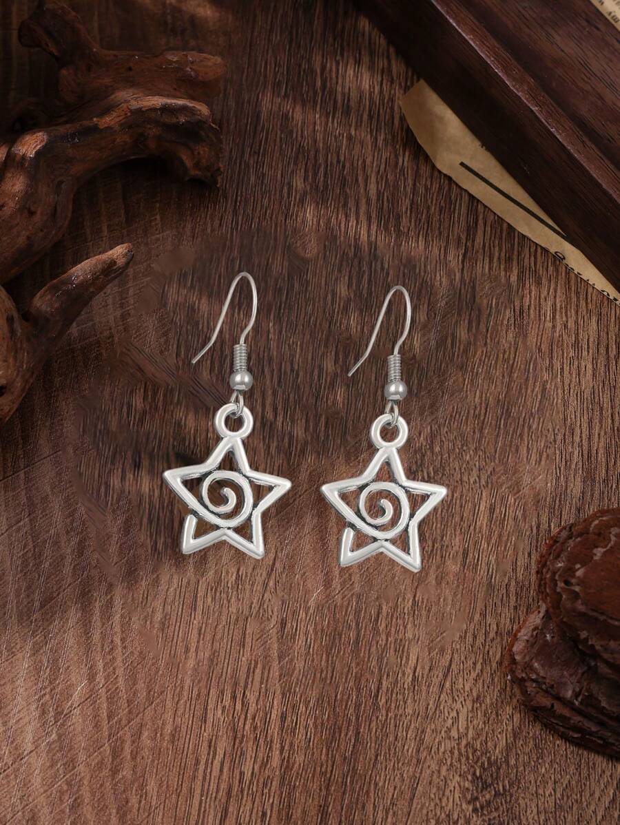 1 Pair Unique Cute Gothic Handmade Jewelry Silver Swirly Star Drop Dangle Earrings For Women/Girls, Suitable For Everyday Wear - Silver - View 1