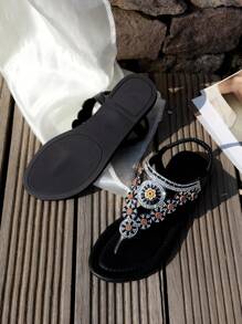 Sandalias planas de verano para mujer con diseño de tira con rhinestone, nuevo estilo de moda, cómodas y casuales para exteriores, con diseño bohemio de unicolor y sin cierre, regalo ideal para el Día de San Valentín