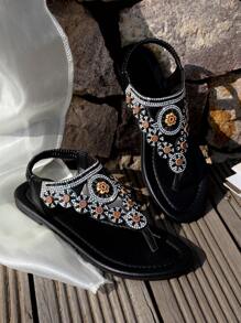 Sandalias planas de verano para mujer con diseño de tira con rhinestone, nuevo estilo de moda, cómodas y casuales para exteriores, con diseño bohemio de unicolor y sin cierre, regalo ideal para el Día de San Valentín