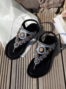 Sandalias planas de verano para mujer con diseño de tira con rhinestone, nuevo estilo de moda, cómodas y casuales para exteriores, con diseño bohemio de unicolor y sin cierre, regalo ideal para el Día de San Valentín