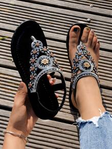 Sandalias planas de verano para mujer con diseño de tira con rhinestone, nuevo estilo de moda, cómodas y casuales para exteriores, con diseño bohemio de unicolor y sin cierre, regalo ideal para el Día de San Valentín