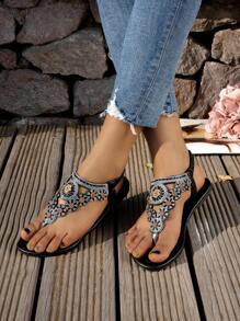 Sandalias planas de verano para mujer con diseño de tira con rhinestone, nuevo estilo de moda, cómodas y casuales para exteriores, con diseño bohemio de unicolor y sin cierre, regalo ideal para el Día de San Valentín