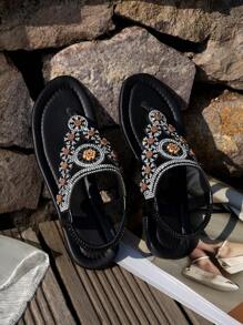 Sandalias planas de verano para mujer con diseño de tira con rhinestone, nuevo estilo de moda, cómodas y casuales para exteriores, con diseño bohemio de unicolor y sin cierre, regalo ideal para el Día de San Valentín