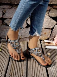 Sandalias planas de verano para mujer con diseño de tira con rhinestone, nuevo estilo de moda, cómodas y casuales para exteriores, con diseño bohemio de unicolor y sin cierre, regalo ideal para el Día de San Valentín