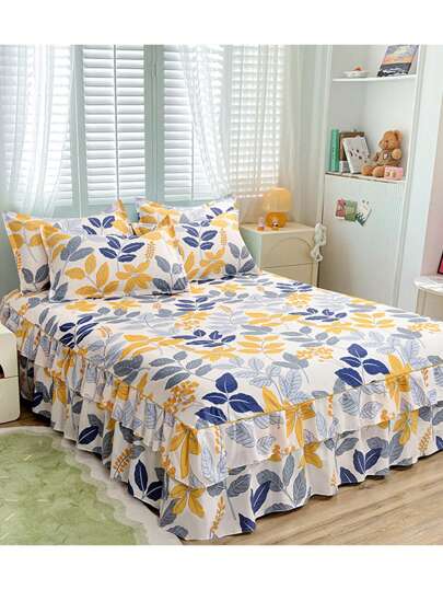 3pcs Bed Skirt Set (1 Bed Skirt + 2 Pillow Shams), Floral Pattern, Soft And Skin-Friendly For All Seasons, Suitable Bedding Set For Bedroom