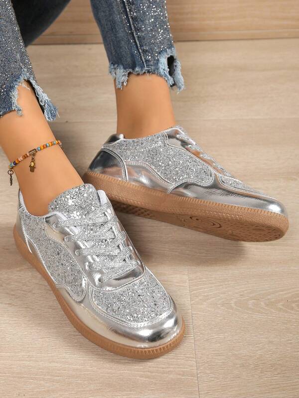 Spring Fall Plus Size Gold Sequined Fashion Women's Shoes Comfortable All-In-One Casual Sneakers Breathable Lightweight Outdoor Flats