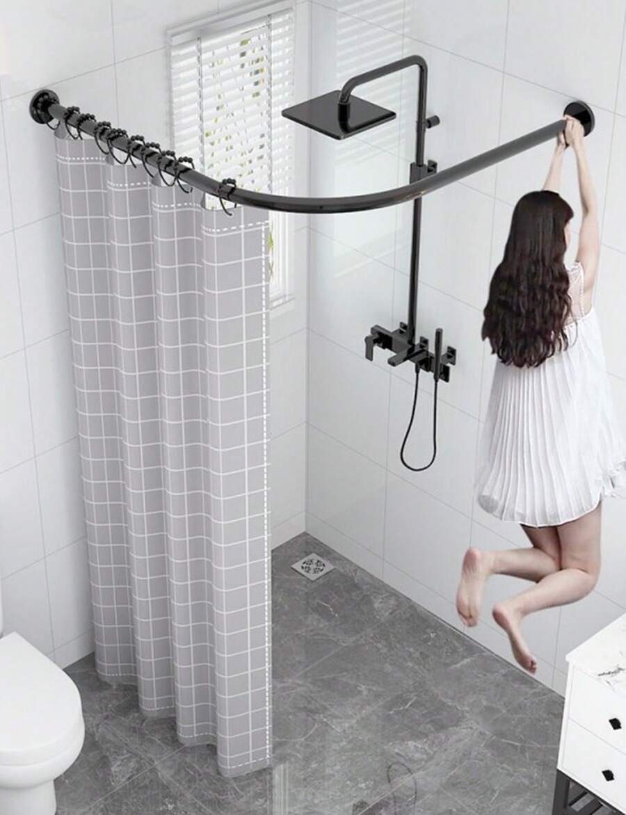 1 件可伸缩弧形浴帘杆（适用于浴室），免打孔安装，适用于浴室、服装店、私人空间（不含窗帘）浴室配件 - 黑色 - 查看 1