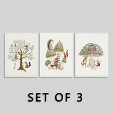 3PCS/SET Woodland Animals And Nursery Wall Art Set - Sage Green, Featuring Animals, Trees And Mushrooms - Great For Youngsters' Rooms, Playrooms And Bathrooms, Unframed Canvas Print For Back To School!