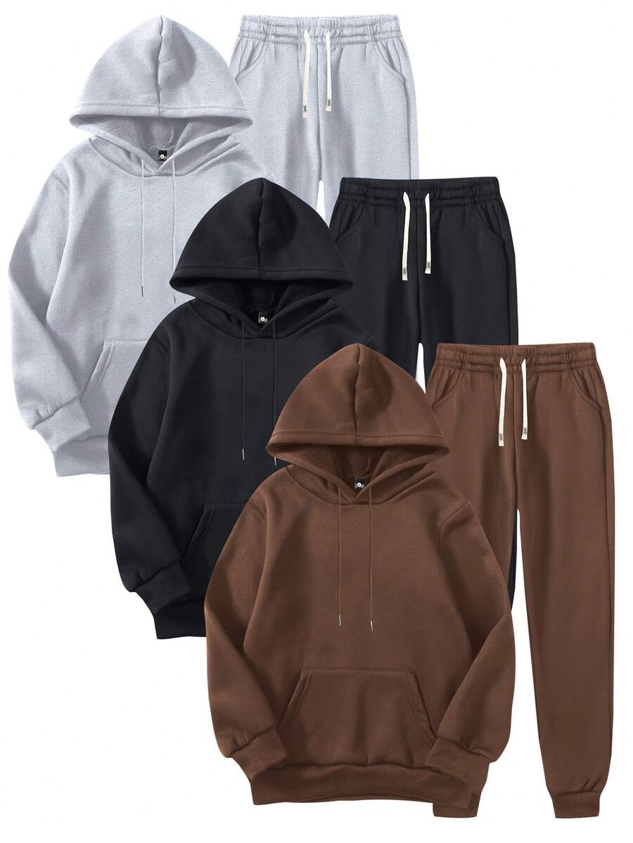 男士轻薄连帽衫和运动裤三件套，纯色基础款，时尚休闲套装，带口袋和抽绳腰带，适合送给丈夫/男友，秋季穿着，适合街头、通勤、户外活动和度假。 - 彩色 - 查看 1