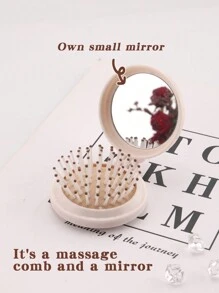 1pc Valentine's Day Flower Aesthetics 26-Letter Mirror Comb, Best Maid Of Honor, Teacher, Friend Gift, Graduation Essential Portable Backrest Comb, Foldable Air Cushion Comb, Travel Camping Essential,Hair Brush,Comb,Hair Tools,Hair Products And Accessories For Barber Salon Beauty Travel Essentials