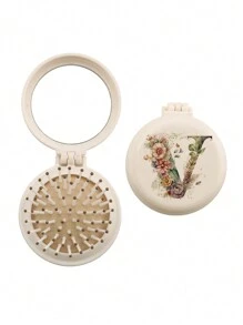 1pc Valentine's Day Flower Aesthetics 26-Letter Mirror Comb, Best Maid Of Honor, Teacher, Friend Gift, Graduation Essential Portable Backrest Comb, Foldable Air Cushion Comb, Travel Camping Essential,Hair Brush,Comb,Hair Tools,Hair Products And Accessories For Barber Salon Beauty Travel Essentials