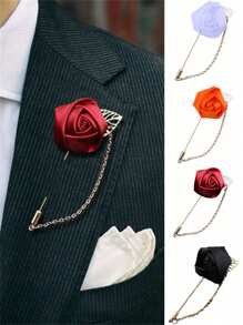 1pc Men's Suit/Tie Gold Leaf Rose Brooch Pin With Chain, Unisex Lapel Pin