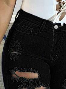 Women's Vintage Torn Sexy Tight Jeans, Slim Fit Elastic Tight Jeans, Women's Denim Clothing - màu đen - Xem 3