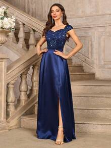 MIUSOL Sequin Floral Lace Sweetheart Neck Cap Sleeve Contrast Satin Formal Party Maxi Dress, Elegant Party Dress For Women, Formal Evening Gown, Prom Dress, For Easter, Mother Day, Wedding Guest, Graduation, Dinner - 藏蓝色 - 查看 6