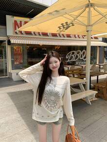 Loose Fit Printed Long Sleeve Top For Women, Spring/Autumn - Apricot - View 1