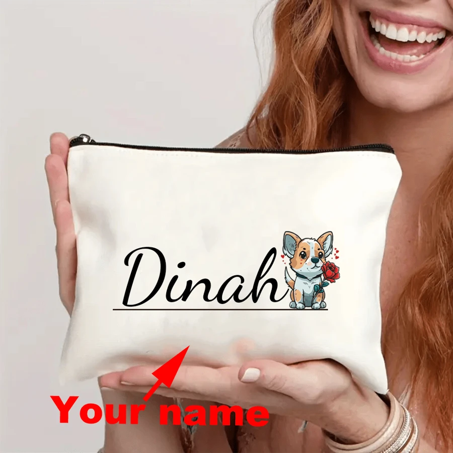 [Customized] 1pc Personalized Needle & Thread Makeup Bag, Cute Dog Signature Love Party Gift, Delicate Travel Cosmetic Bag Zipper Pouch, Toiletry Bag, Customizable DIY Pattern